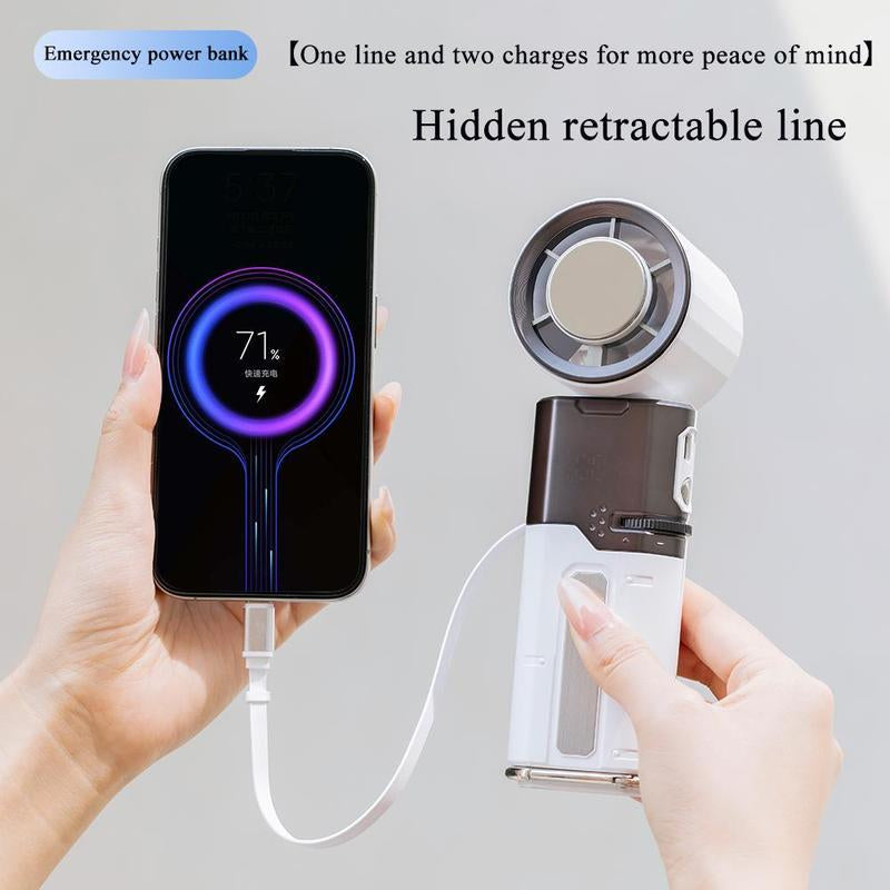 3-In-1 Portable Handheld Fan – High-Speed Cooling, Built-In Charging Cable & Emergency Power Bank – Perfect for Home, Office & Outdoors